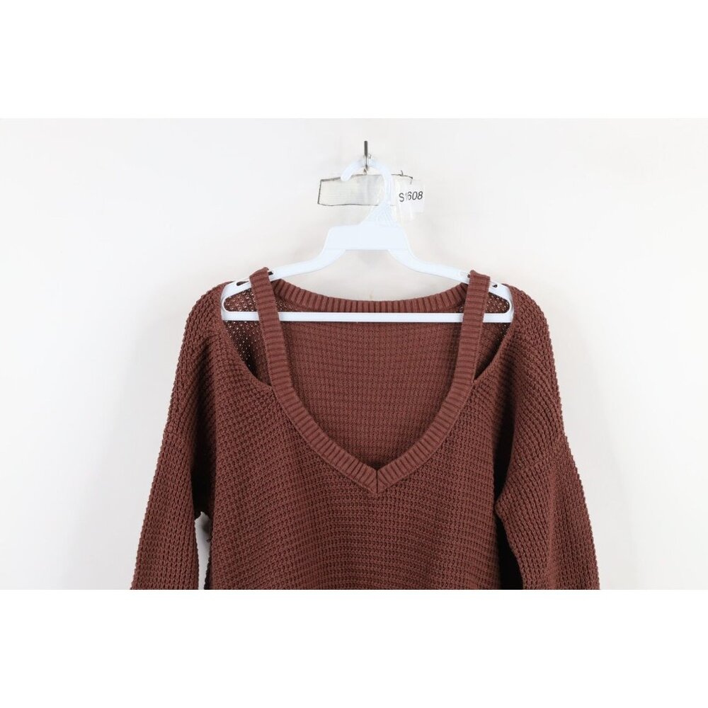 Free People Womens Large Faded Fringed Cold Shoulder Thermal Knit Sweater Brown - Picture 2 of 13